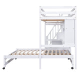 Twin over Full Bunk Bed with Storage Staircase, Desk, Shelves and Hanger for Clothes, White - Home Elegance USA