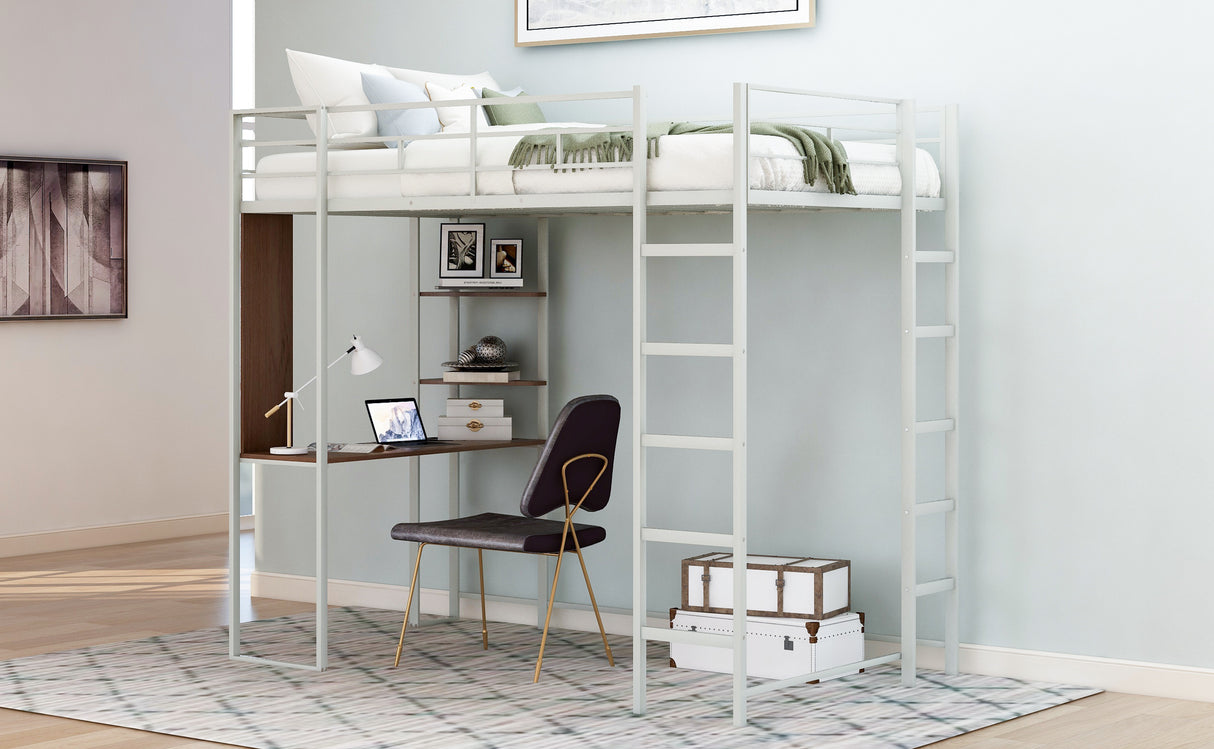 Twin Metal Loft Bed with 2 Shelves and one Desk ,Silver(Old SKU: MF281206AAN)