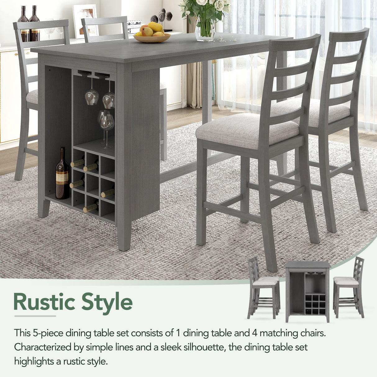 TREXM 5-Piece Multi-Functional Rubber Wood Counter Height Dining Set with Padded Chairs and Integrated 9 Bar Wine Compartment, Wineglass Holders for Dining Room (Gray) - Home Elegance USA