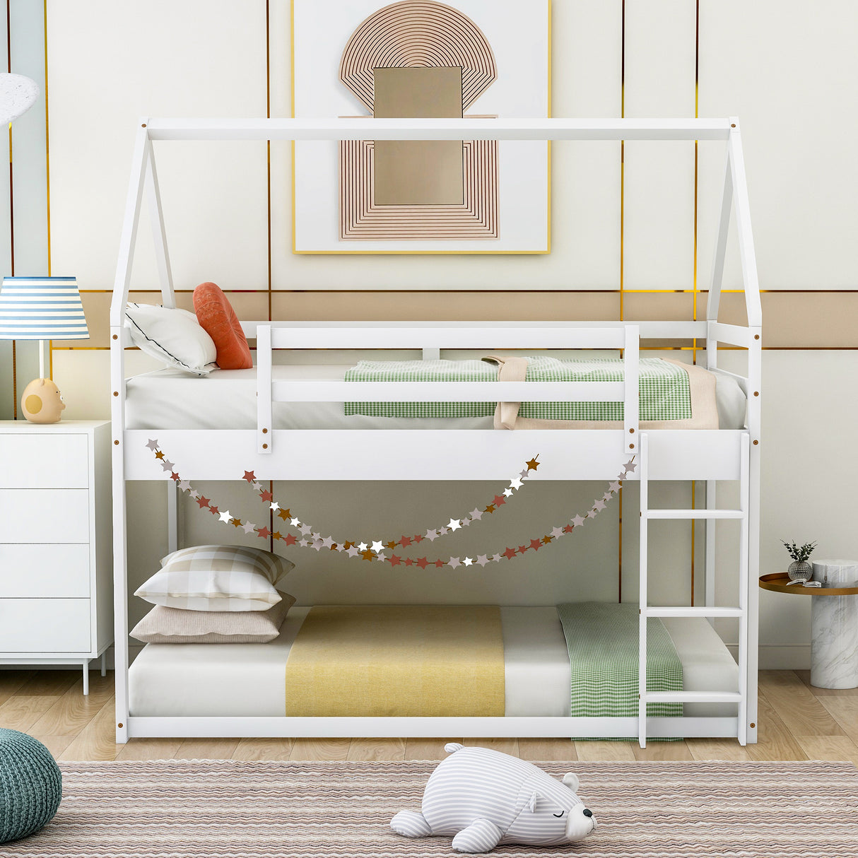 Twin over Twin Low Bunk Bed, House Bed with Ladder , White(OLD SKU:WF197808AAK) - Home Elegance USA