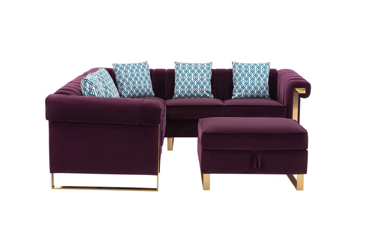 Maddie Purple Velvet 5-Seater Sectional Sofa with Storage Ottoman - Home Elegance USA