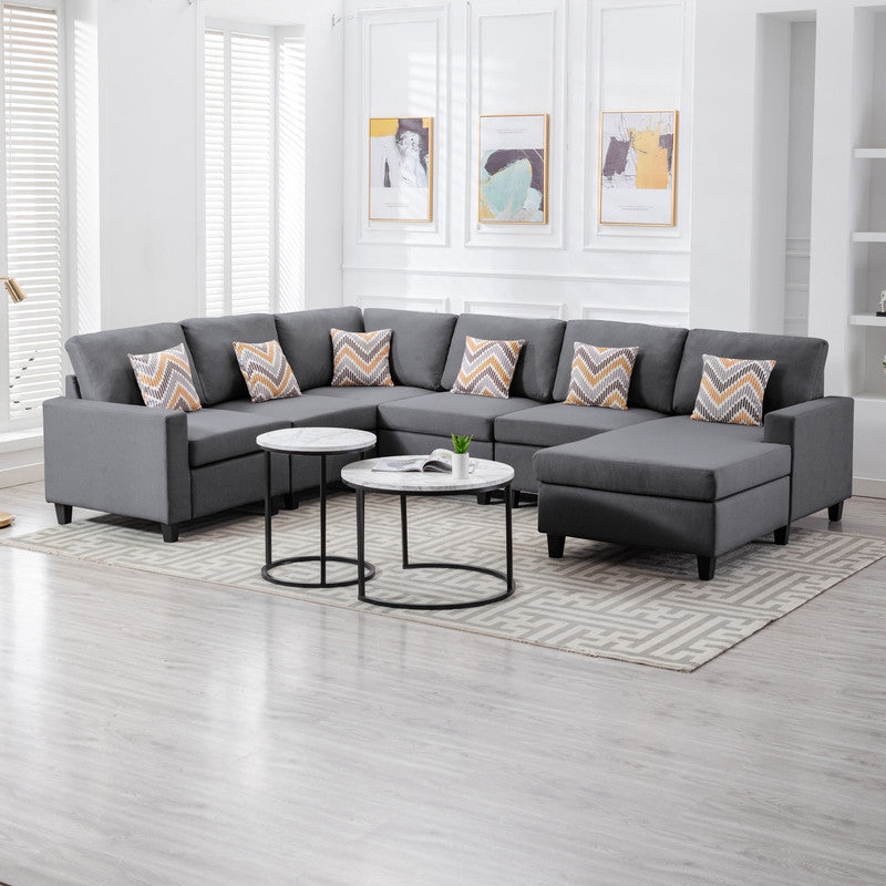 Nolan Gray Linen Fabric 6Pc Reversible Chaise Sectional Sofa with Pillows and Interchangeable Legs - Home Elegance USA