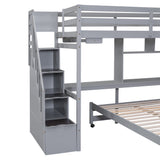 Twin over Full Bunk Bed with Storage Staircase, Desk, Shelves and Hanger for Clothes, Gray - Home Elegance USA