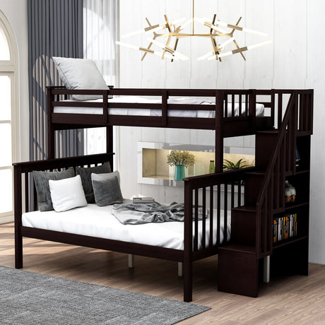 Stairway Twin-Over-Full Bunk Bed with Storage and Guard Rail for Bedroom, Espresso color(OLD SKU :LP000019AAP) - Home Elegance USA