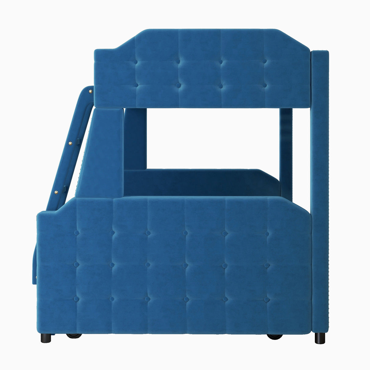 Twin over Full Upholstered Bunk Bed with Trundle and Ladder,Tufted Button Design,Blue - Home Elegance USA