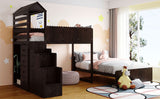 Stairway Twin Over Full Bunk Bed, House Bed with Two Shelves and Seven Drawers,Espresso - Home Elegance USA