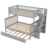 Twin over Full Bunk Bed with Trundle and Staircase,Gray - Home Elegance USA