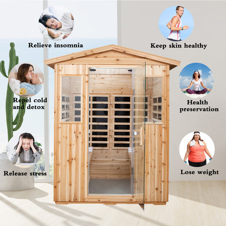 Outdoor Sauna for 4 Person,applicable indoors and outdoors. Far Infrared Sauna 8 Low EMF Heaters, Wooden Sauna Room 2050 Watt, Old Chinese fir, Chromotherapy, Bluetooth Speaker, LCD, LED.