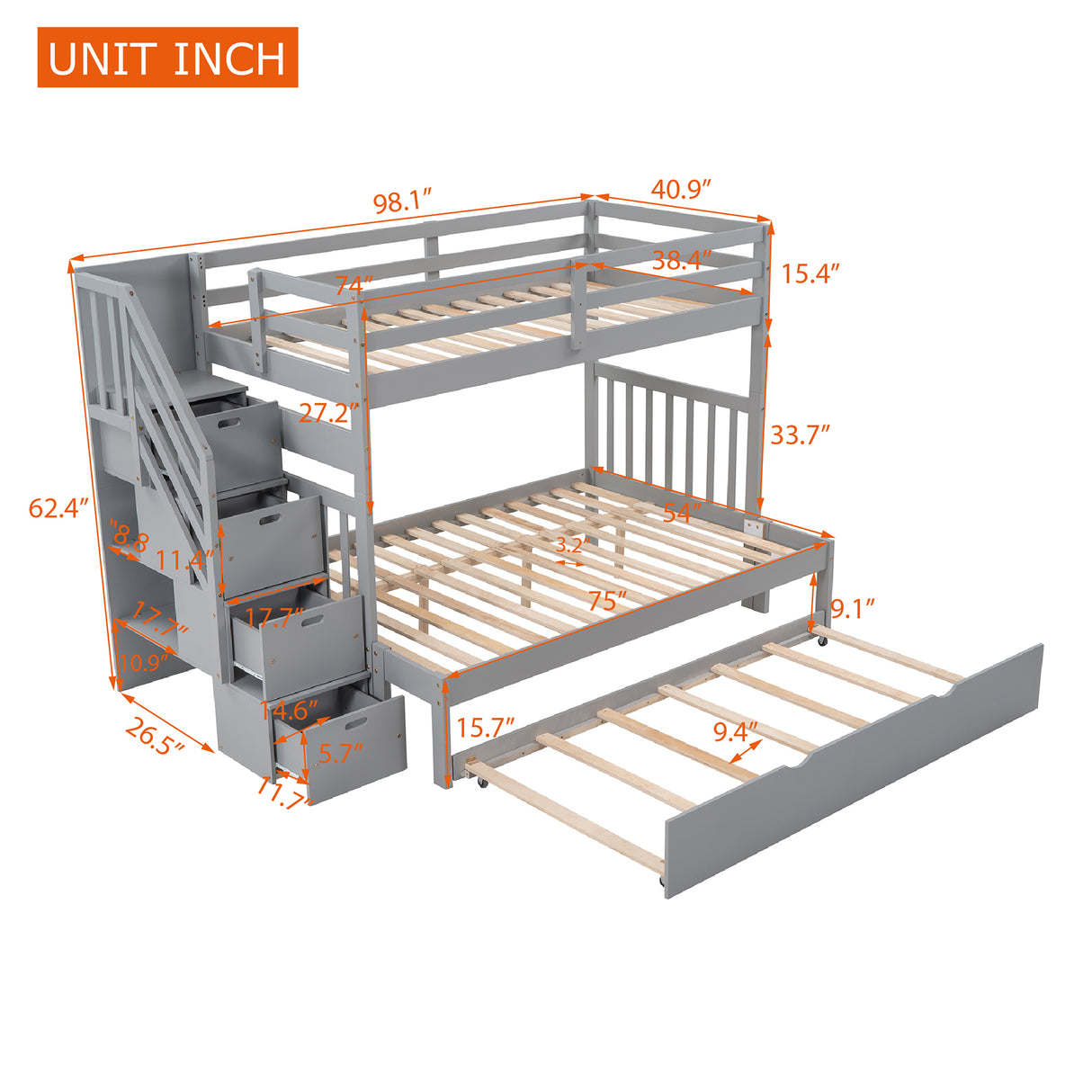 Twin over Twin/Full Bunk Bed with Twin Size Trundle (Gray)(OLD SKU :LP000025AAE) - Home Elegance USA