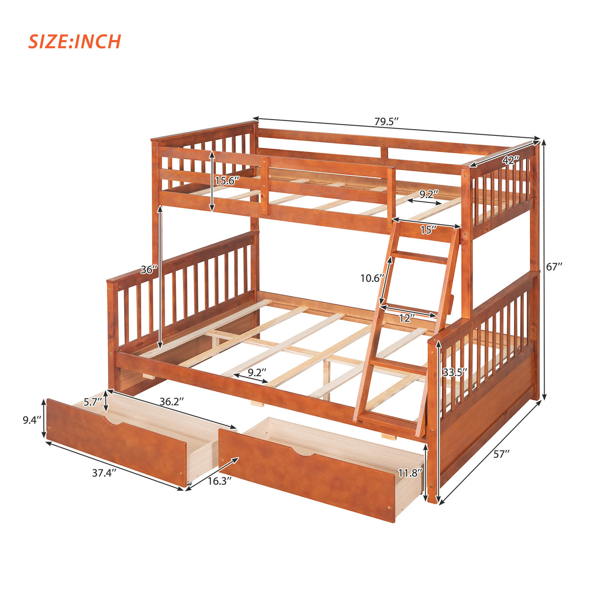 Twin-Over-Full Bunk Bed with Ladders and Two Storage Drawers (Walnut) ( old sku:LT000165AAD） - Home Elegance USA