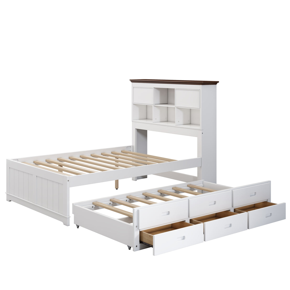 Solid Pine Captain Bookcase Bed with Trundle Bed and 3 Spacious Under Bed Drawers in Casual,Full, White+Walnut - Home Elegance USA