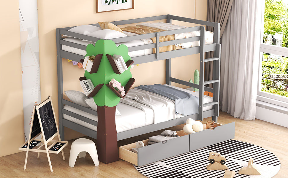 Twin-Over-Twin Bunk Bed with  a Tree Decor and Two Storage Drawers, Gray - Home Elegance USA