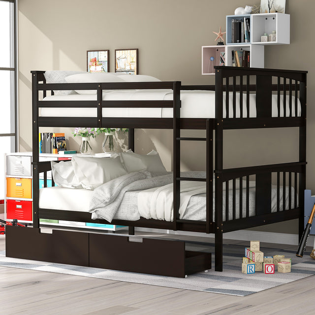 Full over Full Bunk Bed with Drawers and Ladder for Bedroom, Guest Room Furniture-Espresso(OLD SKU :LP000205AAP) - Home Elegance USA