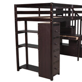 Twin size Loft Bed with Storage Drawers ,Desk and Stairs, Wooden Loft Bed with Shelves - Espresso - Home Elegance USA