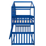 Twin Over Twin House Bunk Bed With Ladder, Wood Bed-Blue - Home Elegance USA