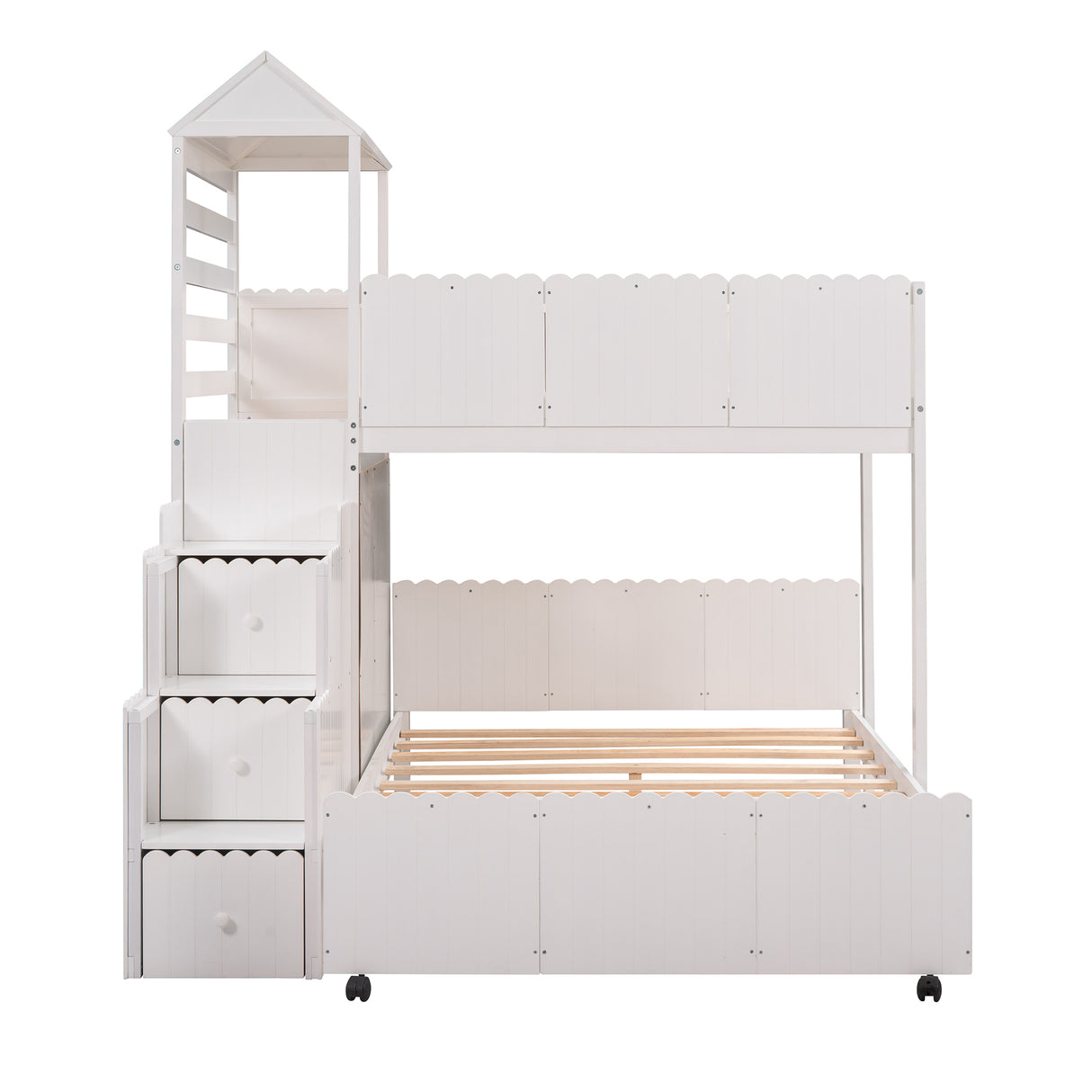 Stairway Twin Over Full Bunk Bed, House Bed with Two Shelves and Seven Drawers,White - Home Elegance USA