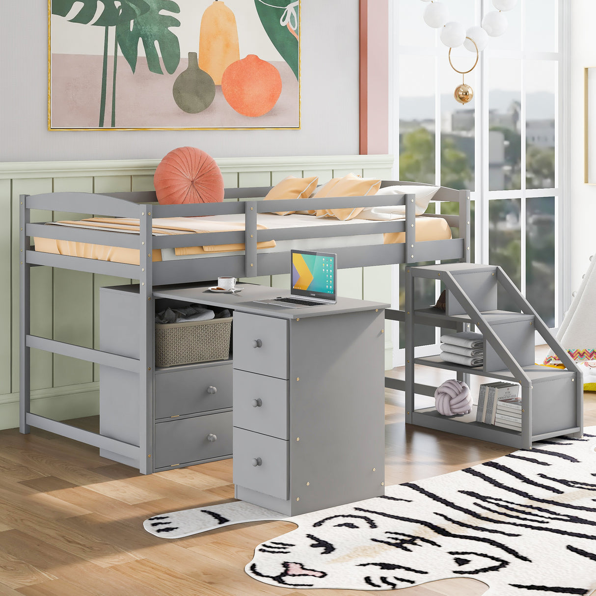 Twin Size Loft Bed with Multifunctional Movable Built-in Desk and and Staircase,Gray(OLD SKU:GX000925AAK) - Home Elegance USA