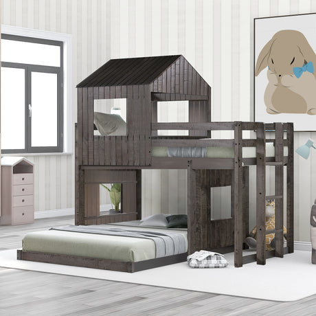 Wooden Twin Over Full Bunk Bed, Loft Bed with Playhouse, Farmhouse, Ladder and Guardrails , Antique Gray( old sku: LT000027AAE ) - Home Elegance USA