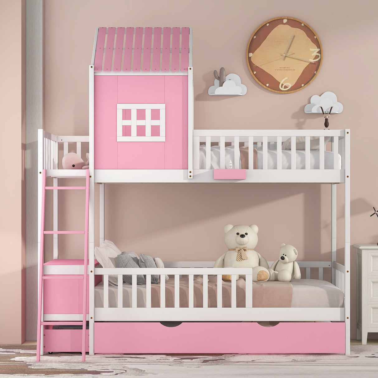 Twin over Twin Bunk Bed with Twin Size Trundle , Farmhouse Bed with Storage Box and Drawer - Pink - Home Elegance USA