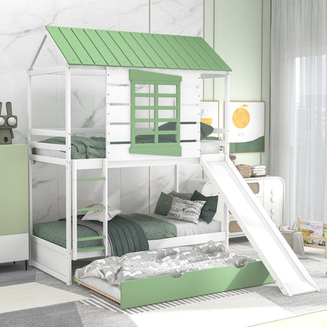Twin over Twin Size House Bunk Bed with Convertible Slide and Trundle, White+Green - Home Elegance USA