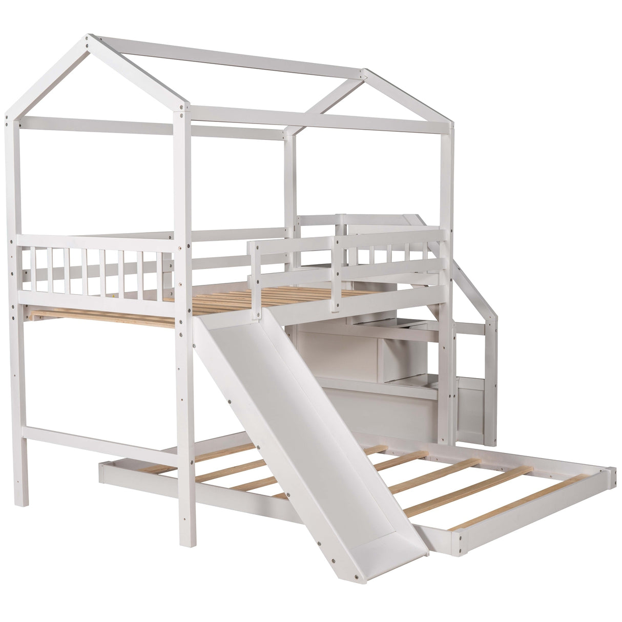 Twin over Full House Bunk Bed with Convertible Slide and Storage Staircase,Full-Length Guardrail,White - Home Elegance USA