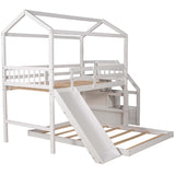 Twin over Full House Bunk Bed with Convertible Slide and Storage Staircase,Full-Length Guardrail,White - Home Elegance USA