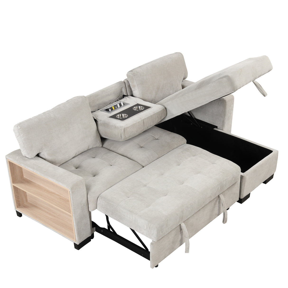 Stylish and Functional Light Chaise Lounge Sectional with Storage Rack Pull-out Bed Drop Down Table  and USB Charger Light Gray - Home Elegance USA