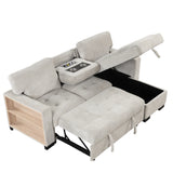 Stylish and Functional Light Chaise Lounge Sectional with Storage Rack Pull-out Bed Drop Down Table  and USB Charger Light Gray - Home Elegance USA