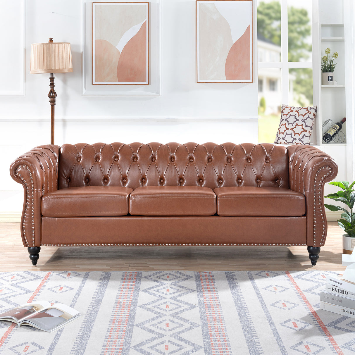 84.65"BROWN PU Rolled Arm Chesterfield Three Seater Sofa. - W68035343 - image - 1