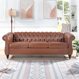 84.65"BROWN PU Rolled Arm Chesterfield Three Seater Sofa. | Home Elegance USA