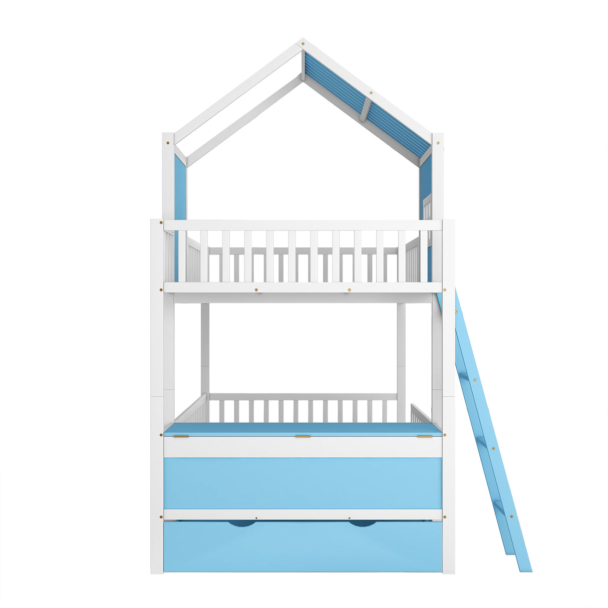 Full over Full Bunk Bed with Twin Size Trundle , Farmhouse Bed with Storage Box and Drawer - Blue - Home Elegance USA