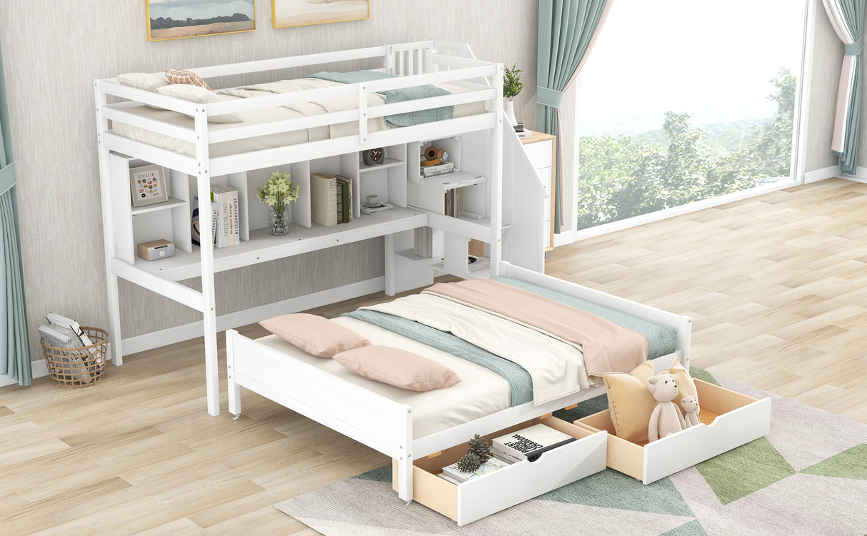 Twin XL over Full Bunk Bed with Built-in Storage Shelves, Drawers and Staircase,White - Home Elegance USA