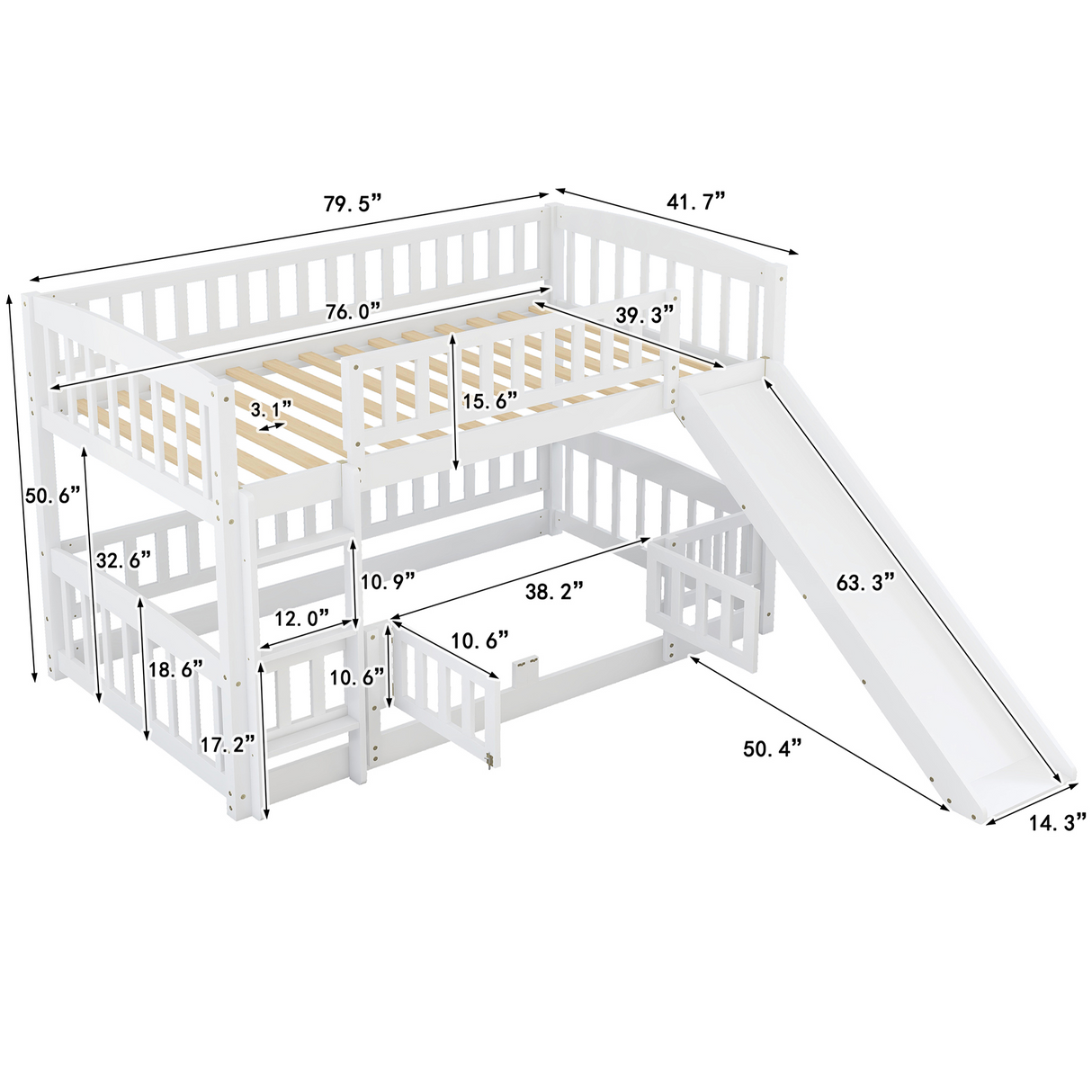 Bunk Bed with Slide,Twin Over Twin Low Bunk Bed with Fence and Ladder for Toddler Kids Teens White - Home Elegance USA