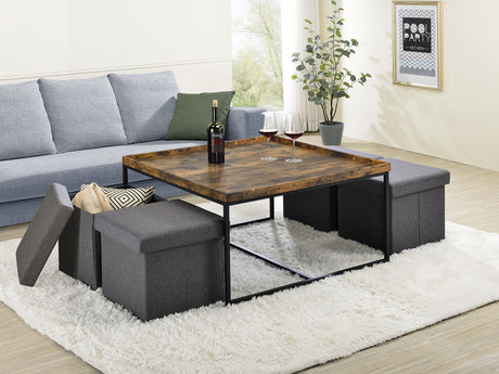 Vinny Weathered Oak Wood Grain 5 Piece Coffee Table Set with Raised Edges - Home Elegance USA