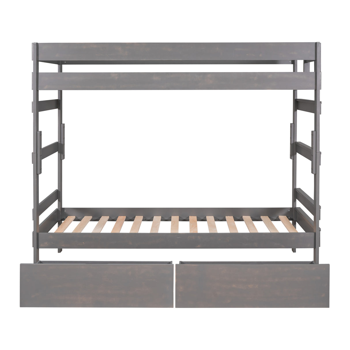 Twin over Twin Wood Bunk Bed with 2 Drawers, Gray - Home Elegance USA