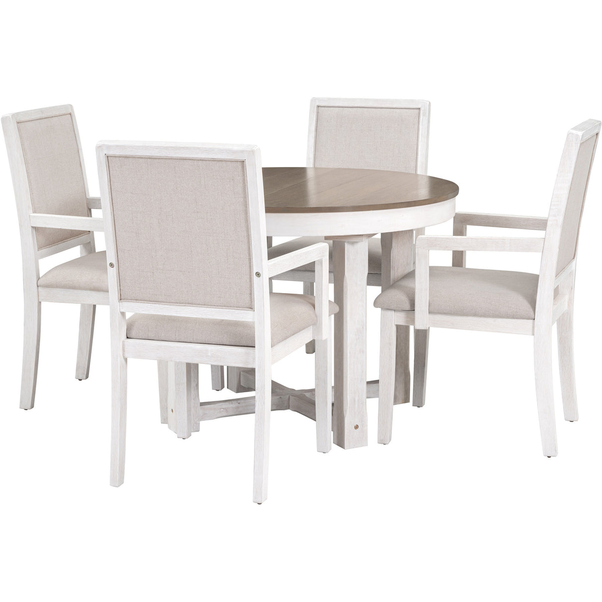 TREXM 5-Piece Dining Table Set, Two-Size Round To Oval Extendable Butterfly Leaf Wood Dining Table and 4 Upholstered Dining Chairs with Armrests (Brown+White) - Home Elegance USA