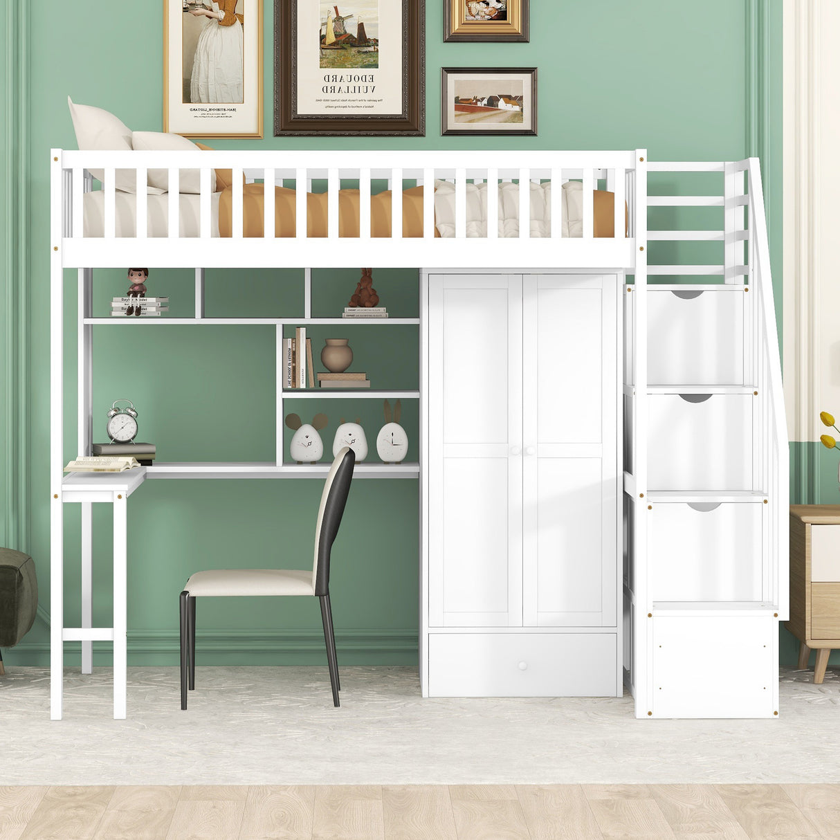 Twin size Loft Bed with Bookshelf,Drawers,Desk,and Wardrobe-White - Home Elegance USA