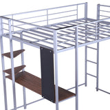 Full Size Metal Loft Bed with 2 Shelves and one Desk ,Silver (Old SKU: LP000091AAN )