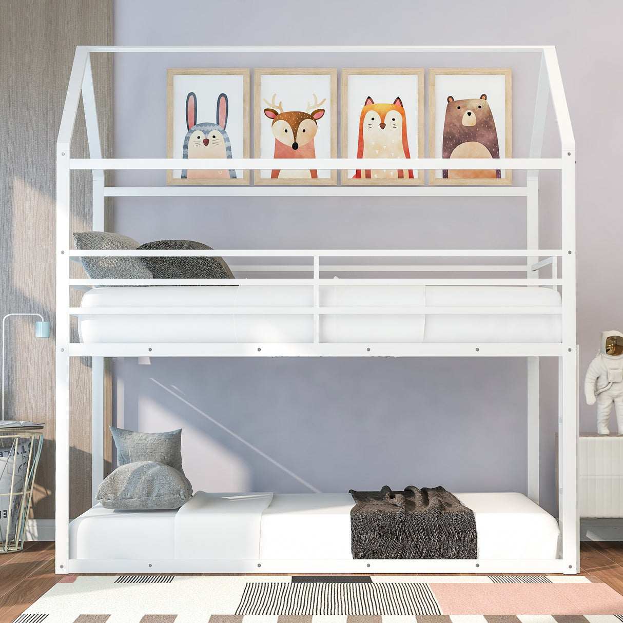 Bunk Beds for Kids Twin over Twin,House Bunk Bed Metal Bed Frame Built-in Ladder,No Box Spring Needed White - Home Elegance USA