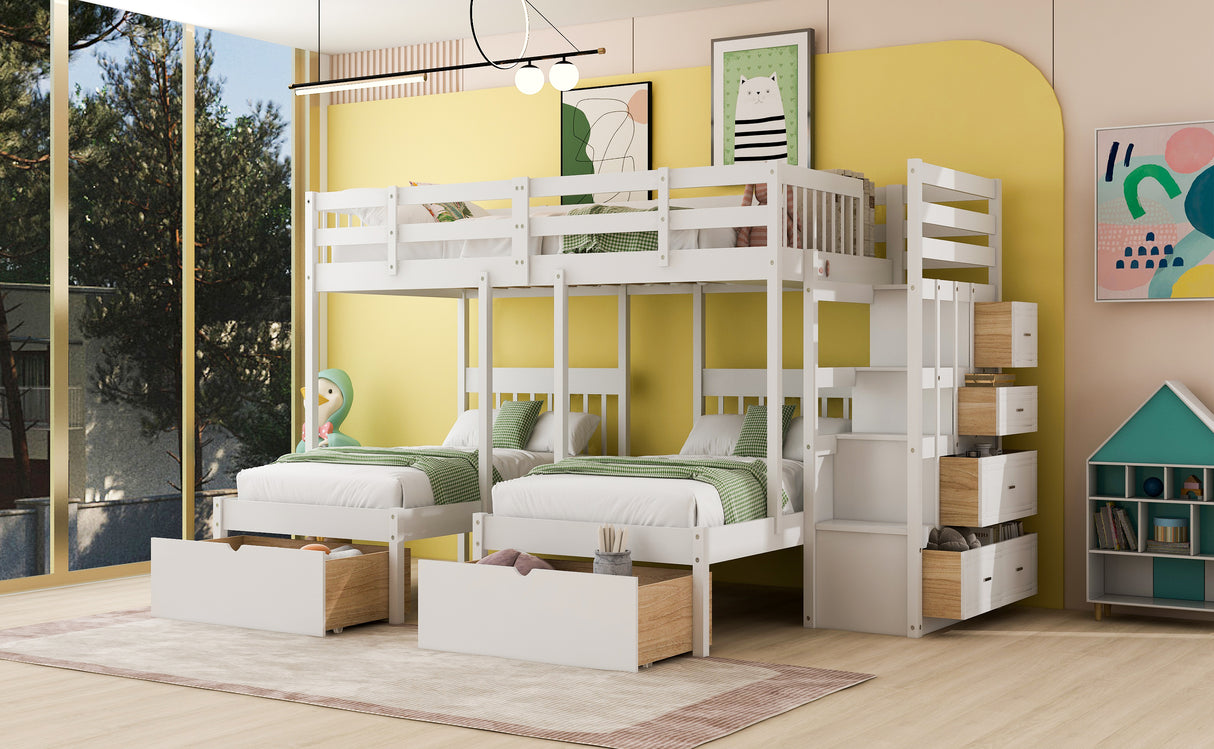 Full Over Twin & Twin Bunk Bed, Wood Triple Bunk Bed with Drawers and Guardrails (White) Home Elegance USA