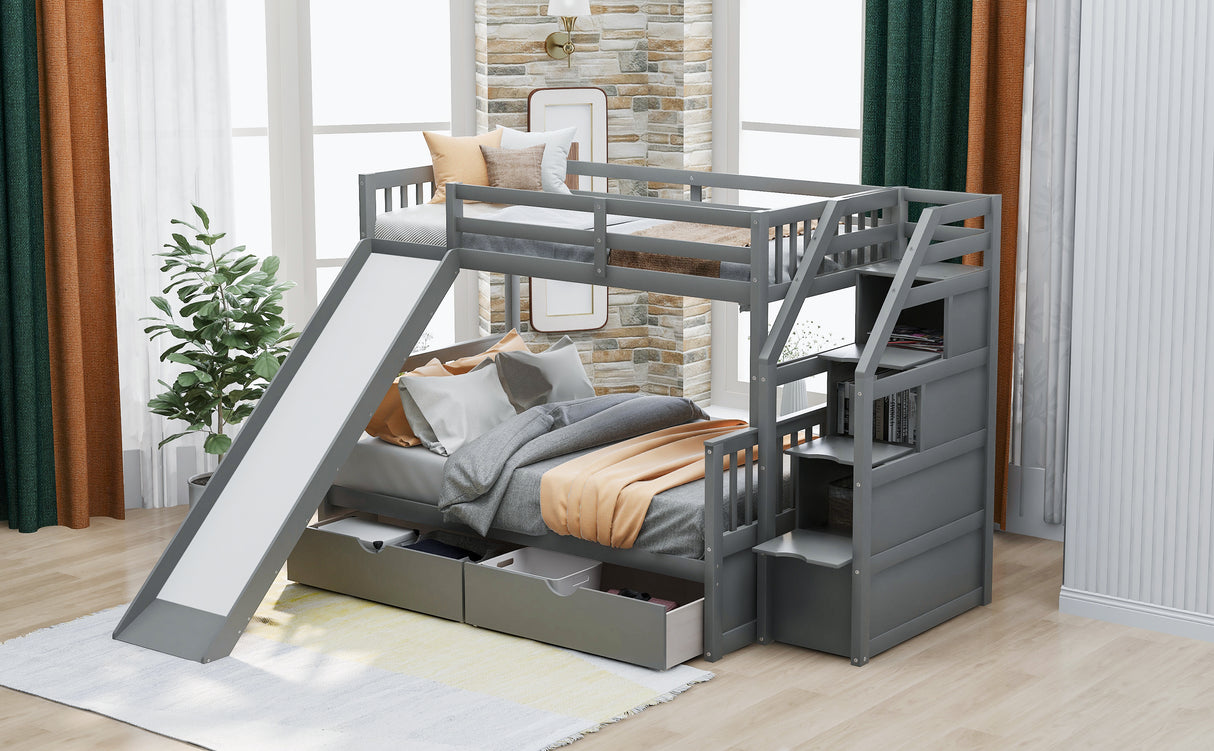 Twin over Full Bunk Bed with Drawers,Storage and Slide, Multifunction, Gray - Home Elegance USA