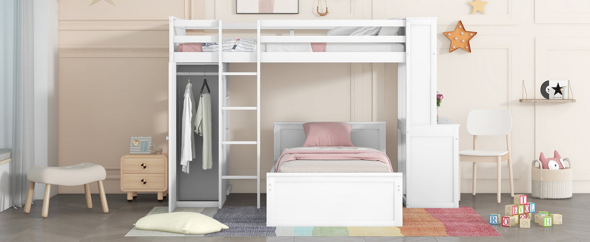 Twin size Loft Bed with a Stand-alone bed, Shelves,Desk,and Wardrobe-White - Home Elegance USA