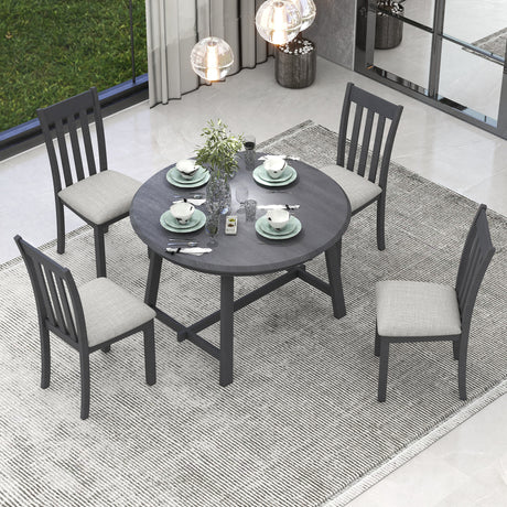 TREXM 5-Piece Wood Dining Table Set Round Extendable Dining Table with 4 Dining Chairs, Dining Room Table Set for 4 person for Dining Room