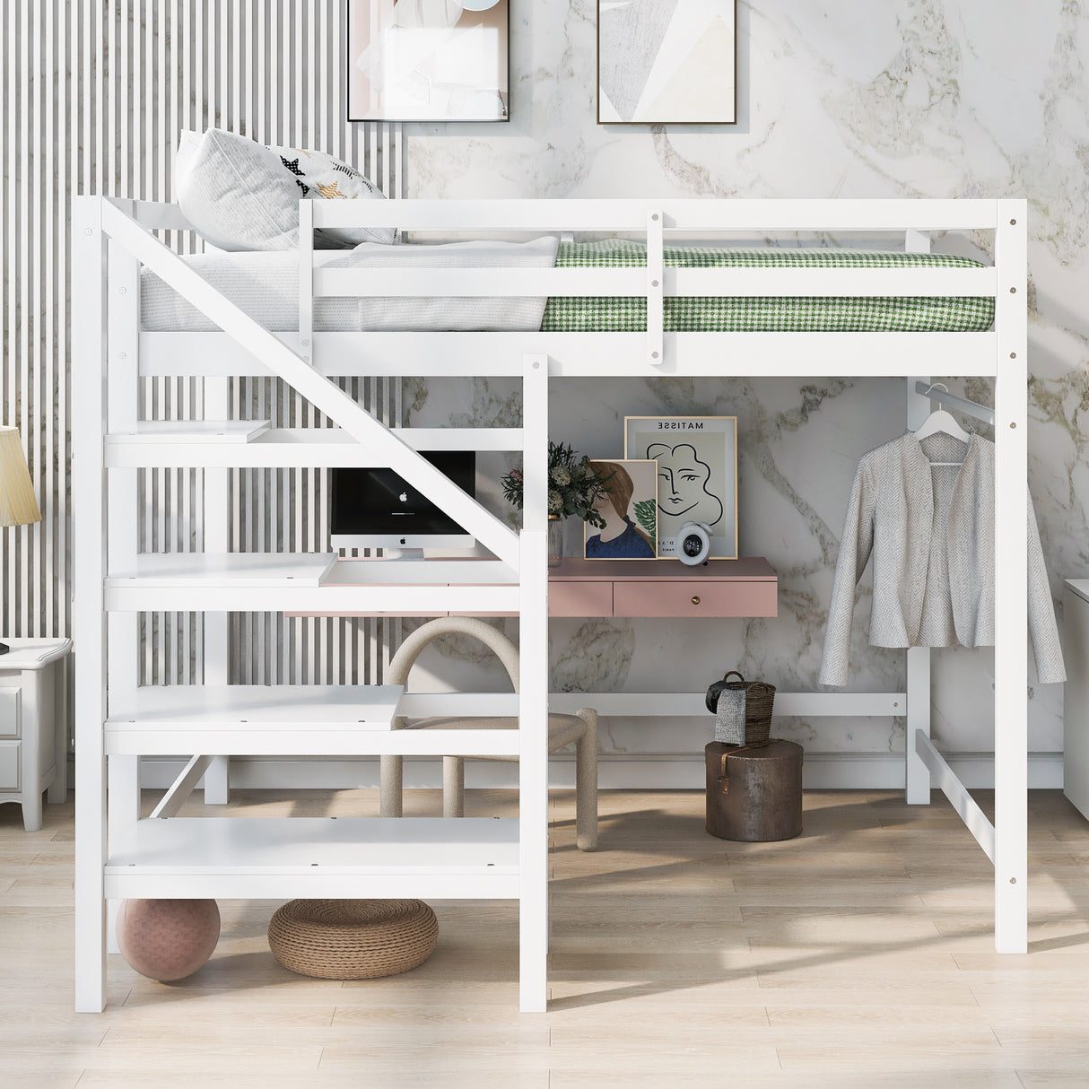 Full Size Loft Bed with Built-in Storage Staircase and Hanger for Clothes,White - Home Elegance USA