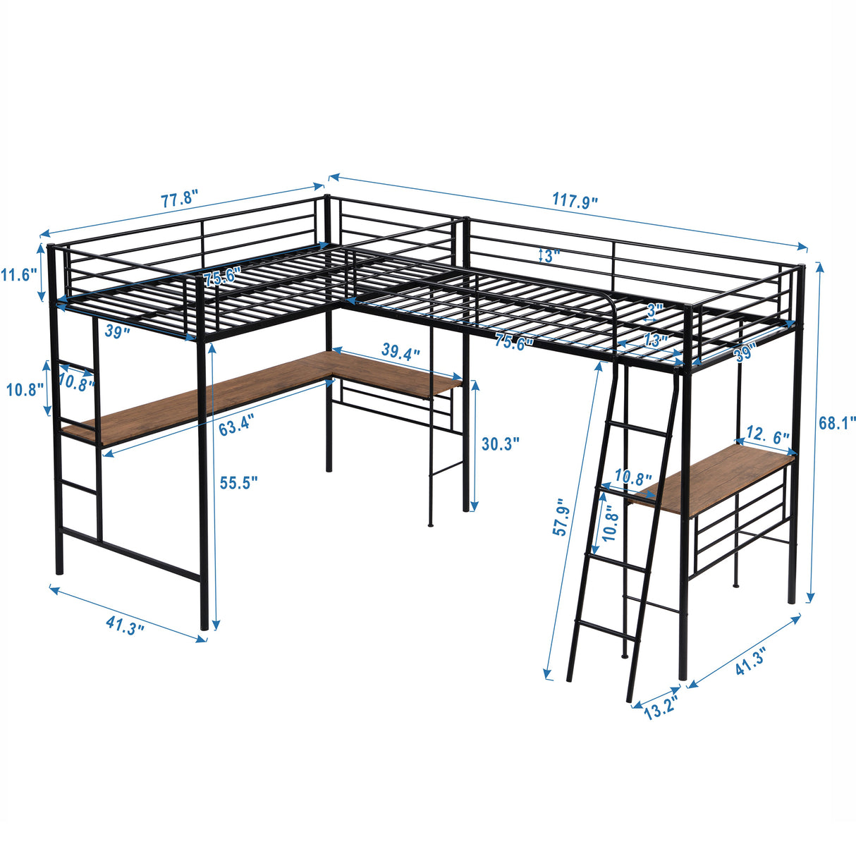 Twin Size Metal Loft Bed with Two Built-in Desks,Black - Home Elegance USA