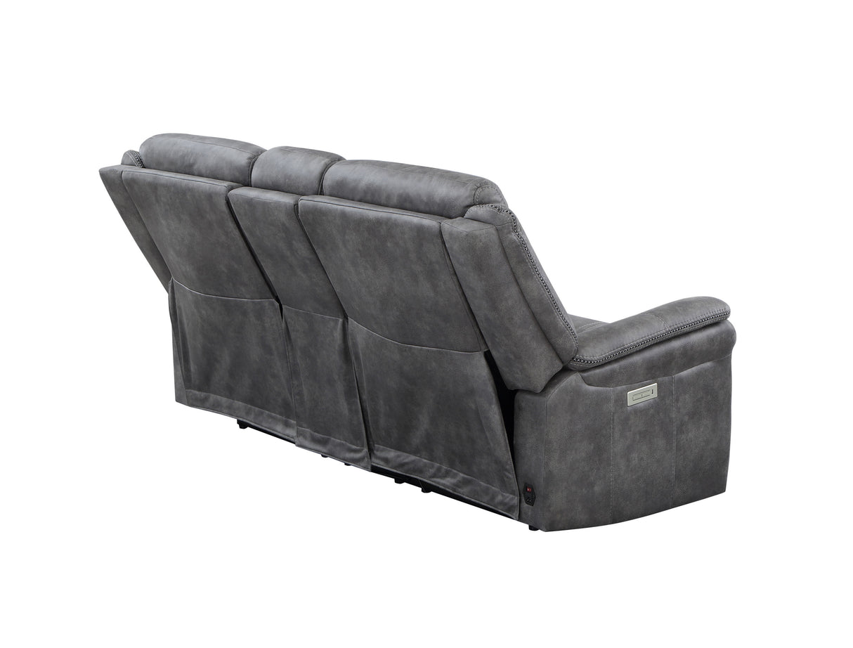 Transitional Console Loveseat - Gray Faux-Suede, Power Footrest, Power Headrest - Concealed Cupholders, Built-In Console - Comfortable and Durable Design Home Elegance USA