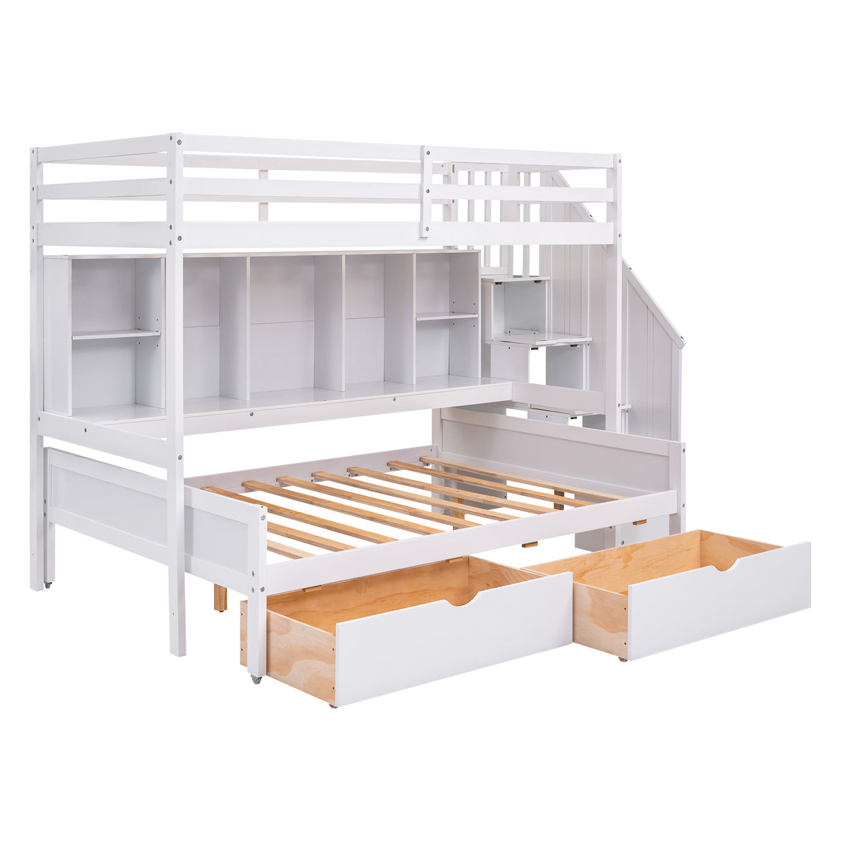 Twin XL over Full Bunk Bed with Built-in Storage Shelves, Drawers and Staircase,White - Home Elegance USA