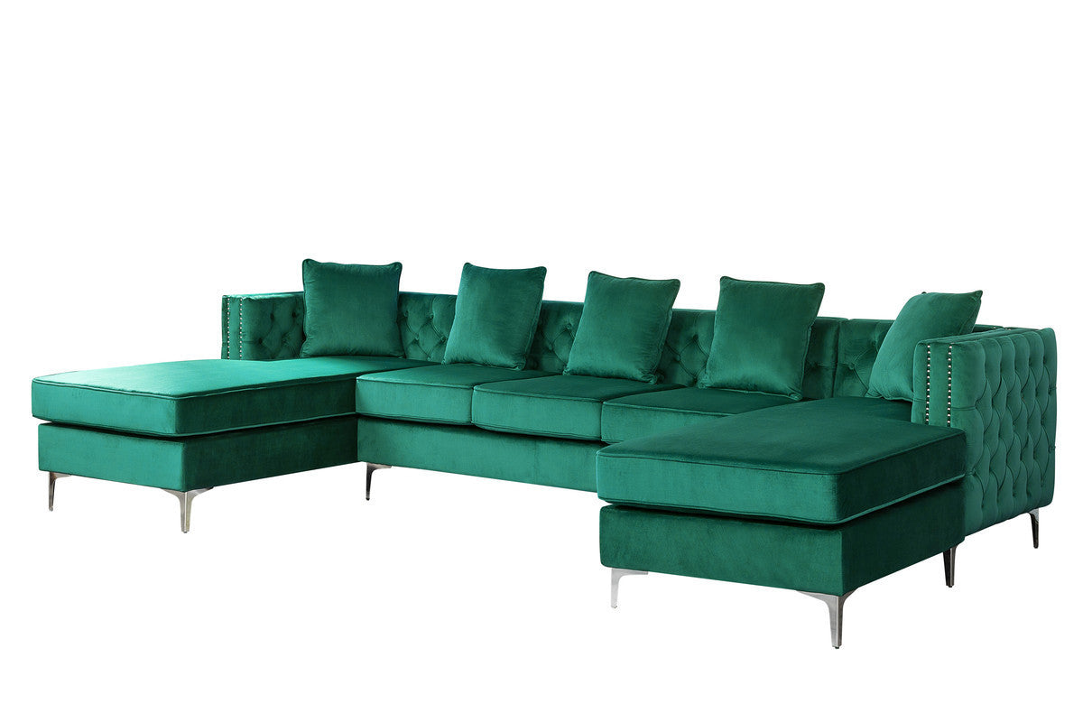 Ryan Green Velvet Double Chaise Sectional Sofa with Nail-Head Trim - Home Elegance USA