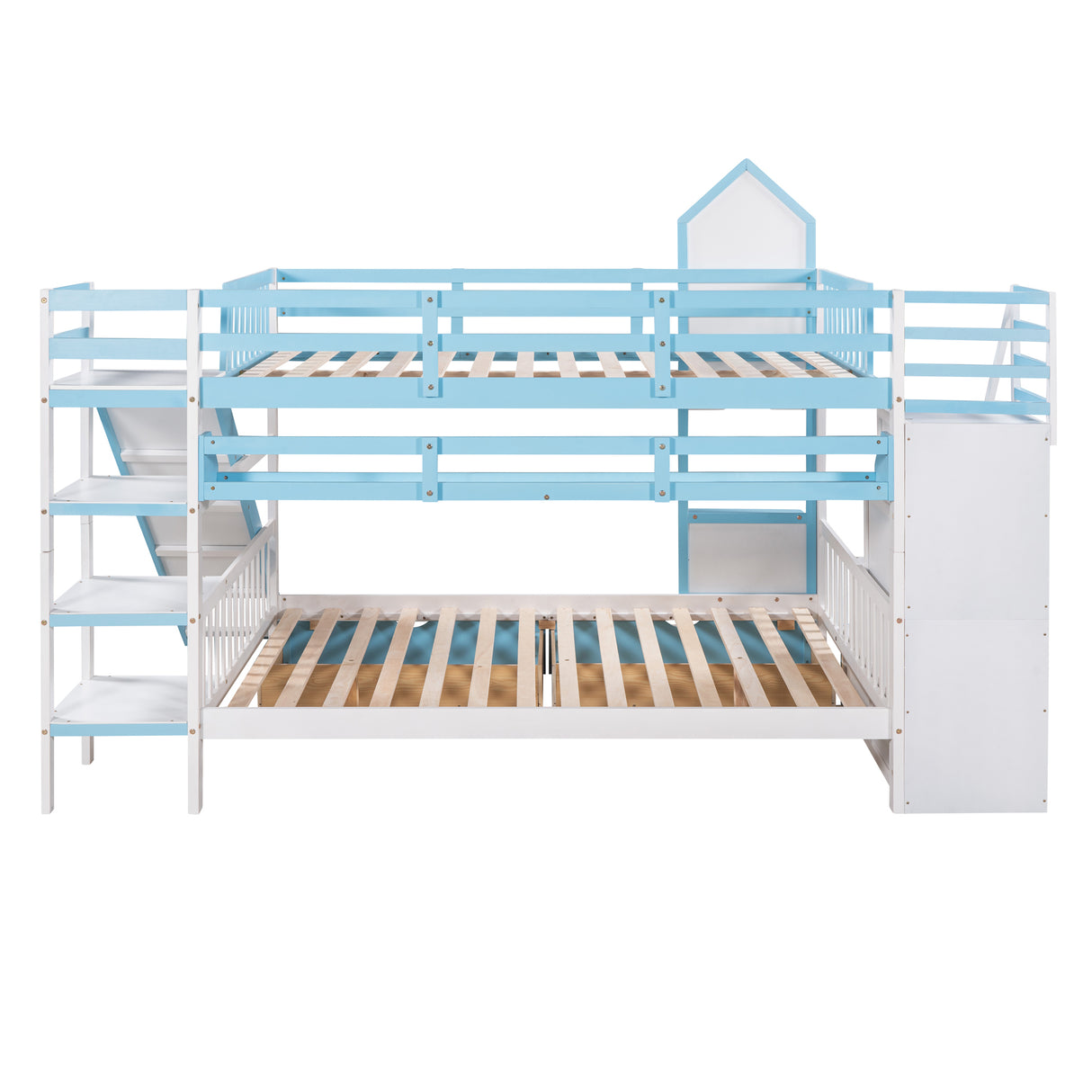 Full-Over-Full Castle Style Bunk Bed with 2 Drawers 3 Shelves and Slide - Blue