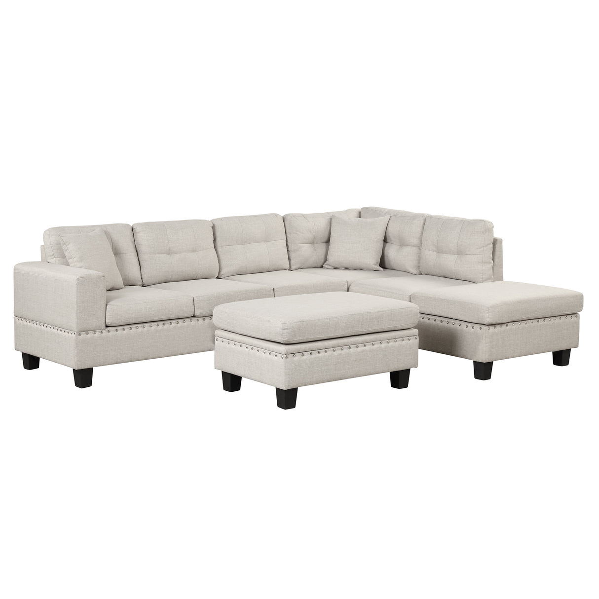 Cream Fabric Modern Reversible Sectional Sofa w/Foot Stool